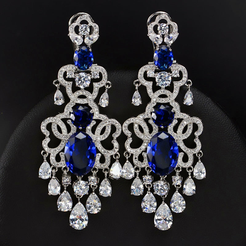 BeaQueen Royal European Cubic Zirconia and White Crystal Tassel Drop Dangling Earrings