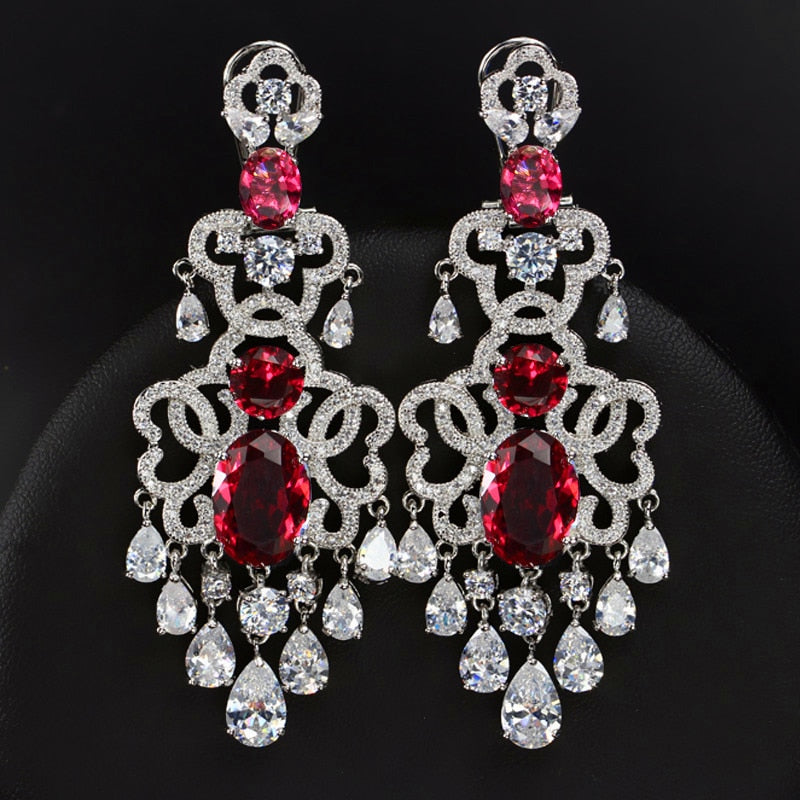 BeaQueen Royal European Cubic Zirconia and White Crystal Tassel Drop Dangling Earrings