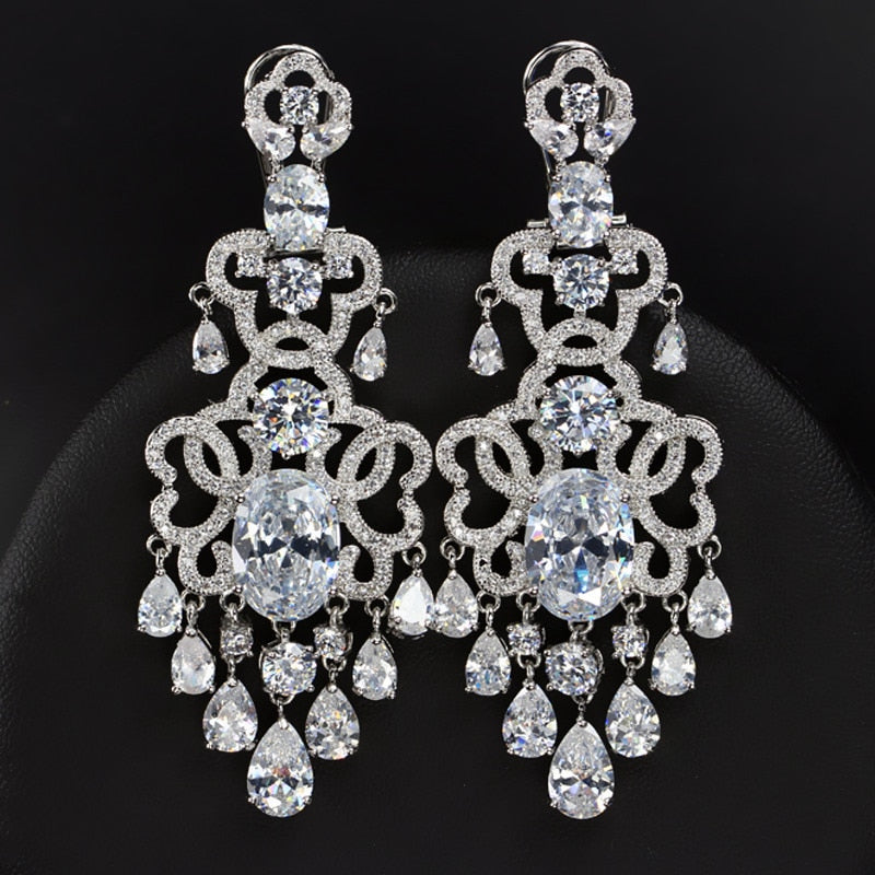 BeaQueen Royal European Cubic Zirconia and White Crystal Tassel Drop Dangling Earrings