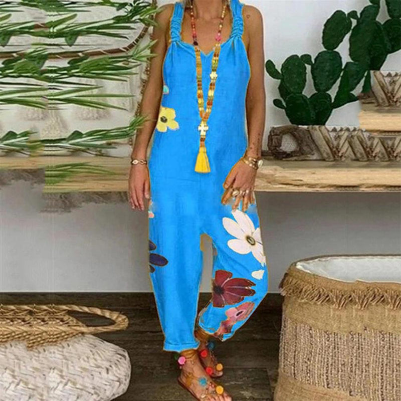 80% HOT SALES！！！Women Sleeveless Bib Overall Backless Floral Print Loose Jumpsuit Dungarees