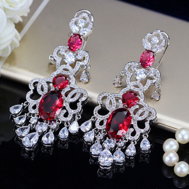 BeaQueen Royal European Cubic Zirconia and White Crystal Tassel Drop Dangling Earrings