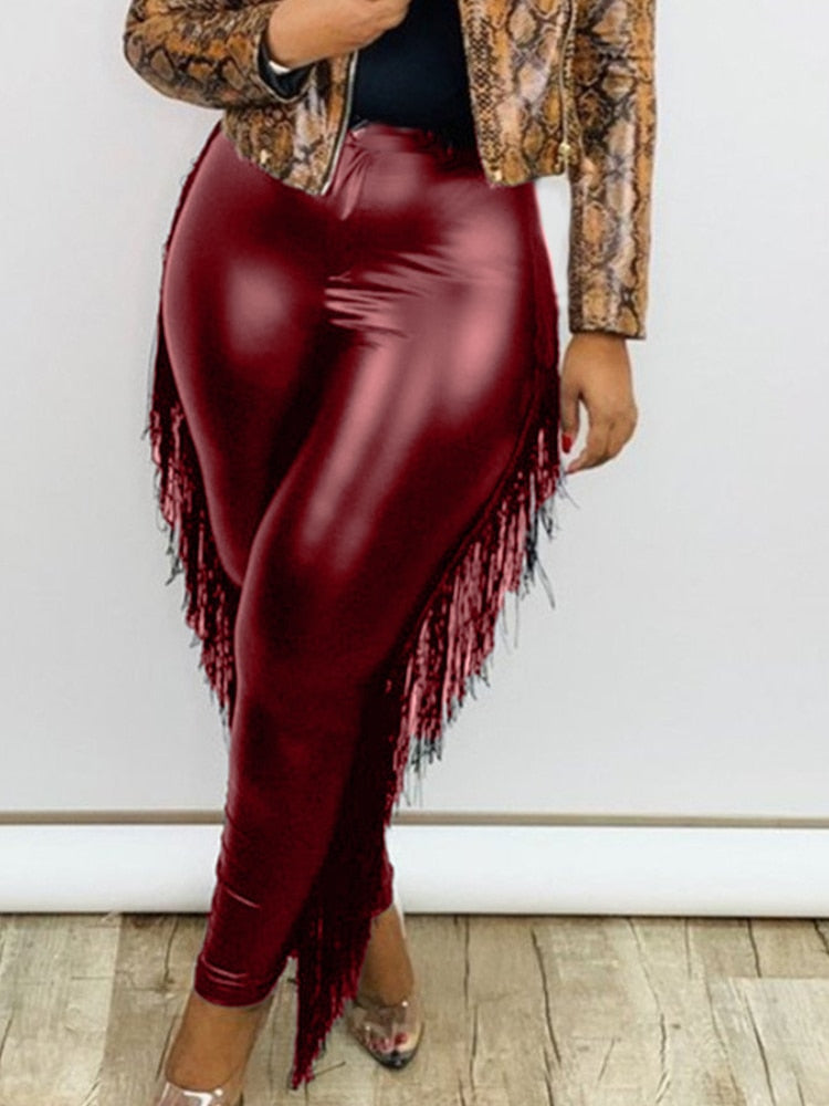 Tassel Plus Size Pants Women High Waist Leather Package Hip Pencil Sexy Ankle Length Pu Leggings Autumn Spring Fashion New 2023