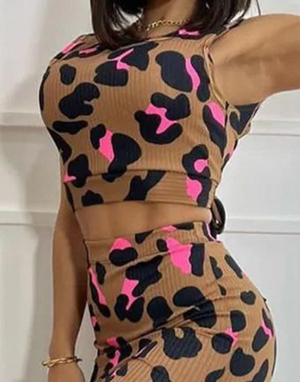 Womens Two Piece Sets Outfit Sexy Skinny Elegant Leopard Print Tied Detail Top & Skirt Set New Fashion 2023 Summer Casual