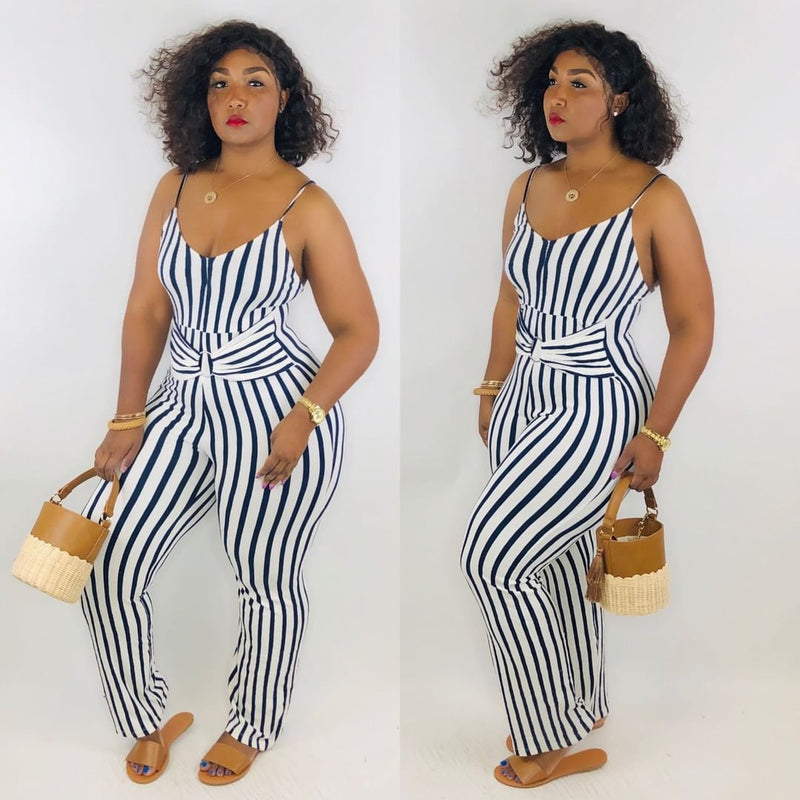 Sleeveless Bandage Striped Sling One Piece Loose Wide Leg Rompers