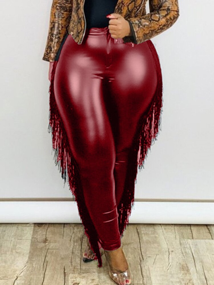 Tassel Plus Size Pants Women High Waist Leather Package Hip Pencil Sexy Ankle Length Pu Leggings Autumn Spring Fashion New 2023