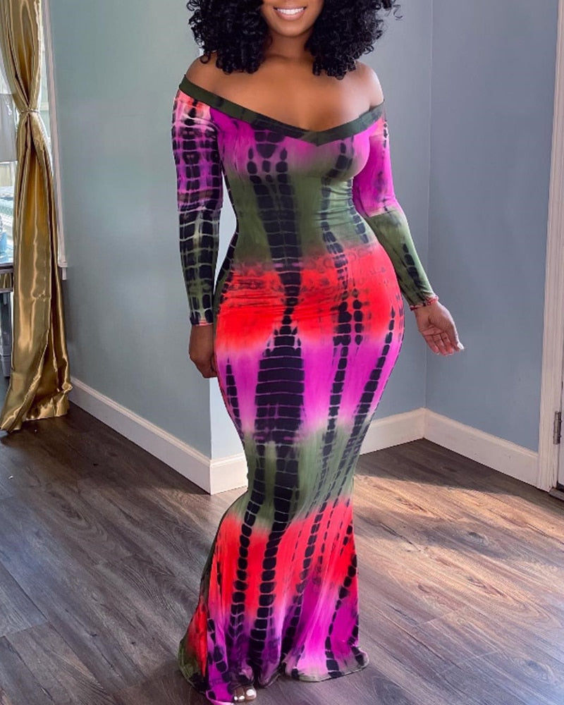 Boho Dress Off Shoulder Abstract Print Mermaid Dress Long Sleeve Casual Maxi Bodycon Dress