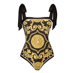 Retro Black Gold Printed One-Piece Swimwear With Cover Up