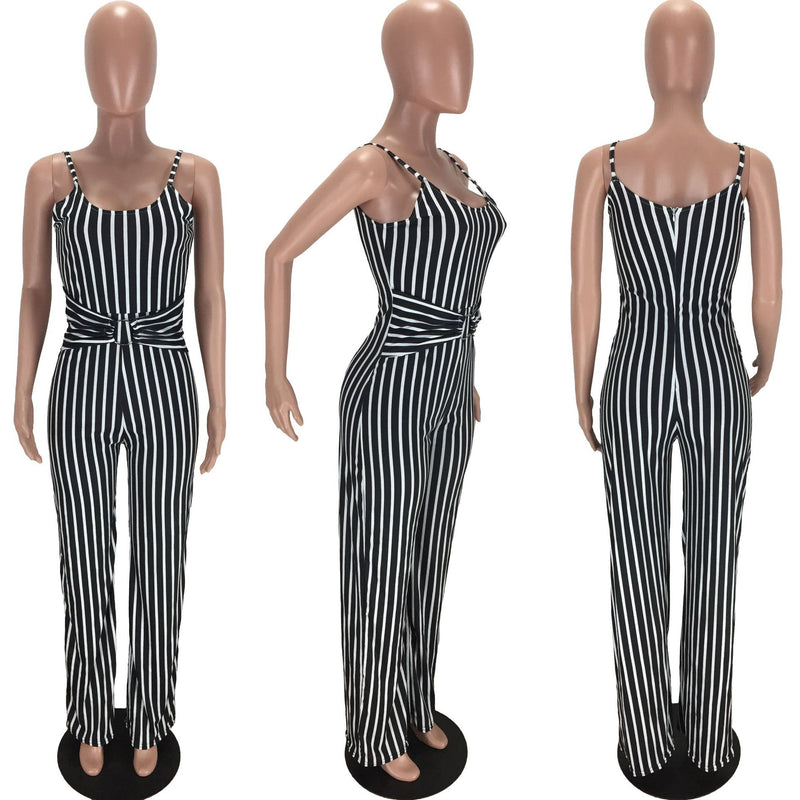 Sleeveless Bandage Striped Sling One Piece Loose Wide Leg Rompers