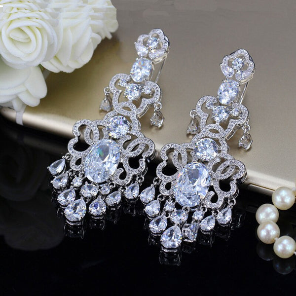 BeaQueen Royal European Cubic Zirconia and White Crystal Tassel Drop Dangling Earrings