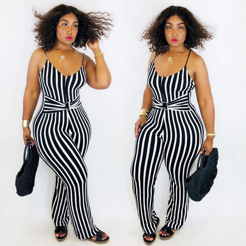 Sleeveless Bandage Striped Sling One Piece Loose Wide Leg Rompers