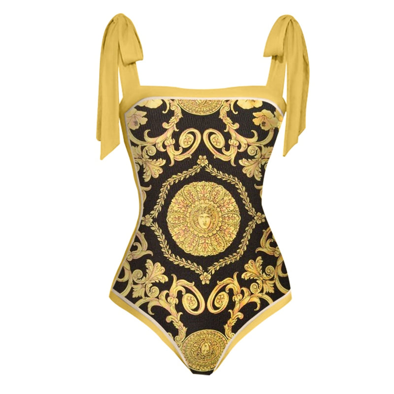 Retro Black Gold Printed One-Piece Swimwear With Cover Up