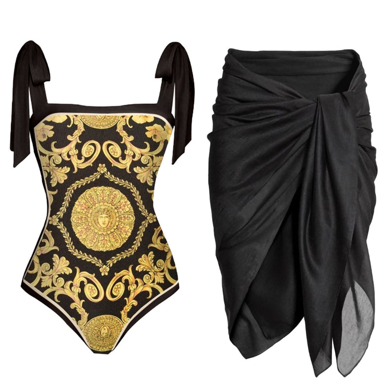 Retro Black Gold Printed One-Piece Swimwear With Cover Up