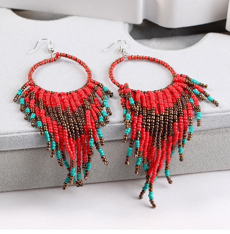 Multi-color Beaded Tassel Earrings