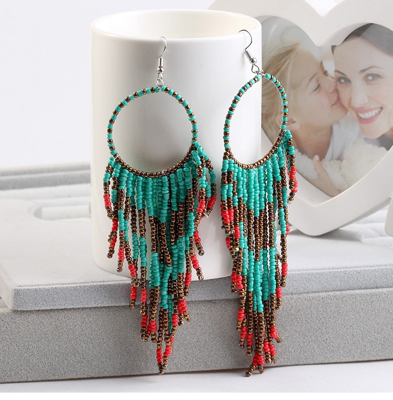 Multi-color Beaded Tassel Earrings