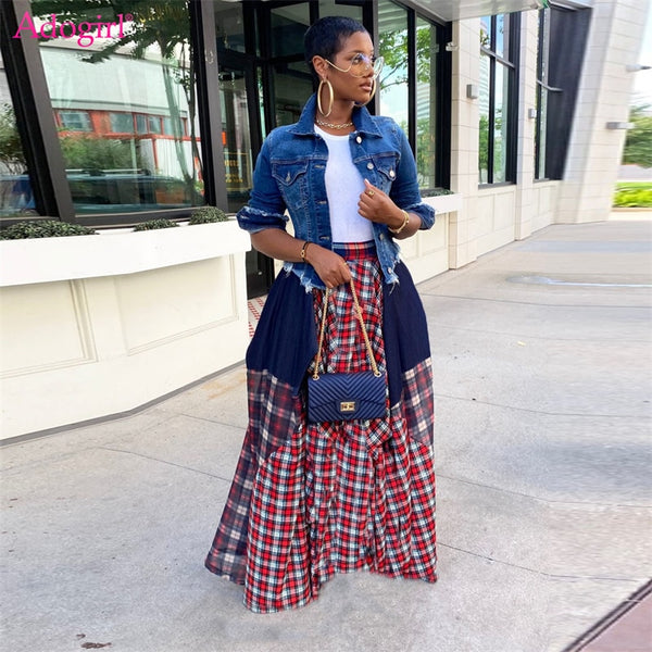 Adogirl Plaid Print Patchwork Women Maxi Skirt