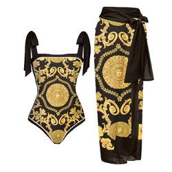 Retro Black Gold Printed One-Piece Swimwear With Cover Up