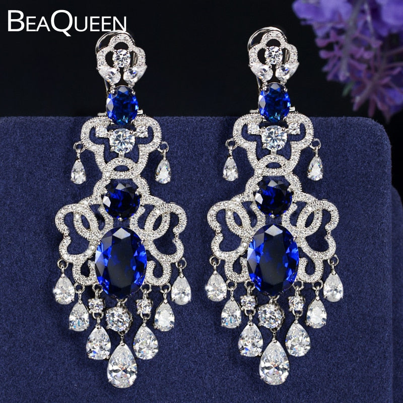 BeaQueen Royal European Cubic Zirconia and White Crystal Tassel Drop Dangling Earrings